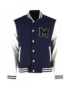 เสื้อแจ็คเก็ตวาร์ซิตี้สีกรมท่าและสีขาวสำหรับผู้ชายจาก Zico Industry ปักลายตัวอักษร ทรงปกติ กระดุมปิด แบบ Letterman - Product Image 3