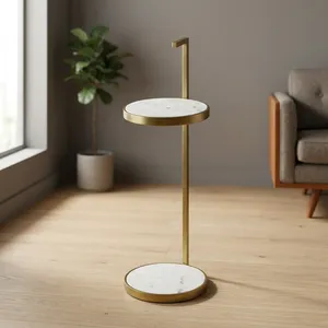 Modern Round <b>Marble</b> Coffee <b>Table</b> with Brass Frame Minimalist Living Room Accent Furniture - Product Image 3