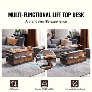 Tavolino da Caffè Rettangolare da 39,4 Pollici con Piano Sollevabile, Presa di Corrente USB e Tasche Extra per lo Stoccaggio, Design Pieghevole a Scomparsa - Product Image 2