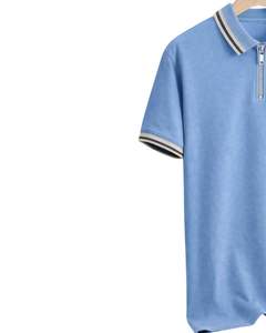 Polo pour homme bleu clair à col zippé, manches courtes, col côtelé, décontracté, pour le golf, en mélange de coton, fabrication sur mesure - Product Image 2