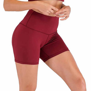 Women's <b>Burgundy</b> High Waist Sports <b>Shorts</b> Solid Color Breathable Knitted Skinny Fit Sporty Workout Wear - Product Image 1