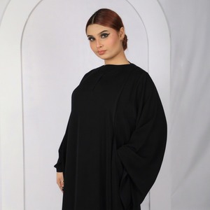 Abaya Negra de Crepé para Mujer, Manga Larga, Corte Holgado, Cuello Redondo, Vestido Modesto, Color Sólido Minimalista, Ropa Islámica para Eid y Uso Diario - Product Image 1