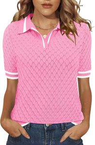 Camiseta Polo de Punto para Mujer con Patrón Geométrico, Manga Corta, Casual, Largo Regular, Diseño Zigzag Beige y Negro - Product Image 4