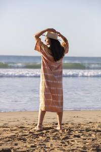 Robe midi tie-dye bohème pour femme, manches courtes, col rond, ample, ceinture, coton, fibre de bambou, respirante, robe décontractée d'été pour la plage - Product Image 2