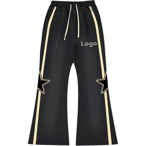 Pantalon évasé noir pour homme avec bandes latérales dorées et décoration étoile, taille élastique, pantalon de jogging tricoté décontracté, streetwear personnalisé - Product Image 2