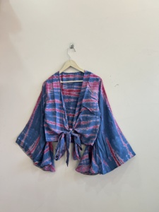 Chemisier en soie en gros pour femmes, 100% soie crêpe, tie-dye, style rétro, haut de plage, haut en soie à nouer devant - Product Image 5