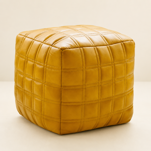 Mustard Yellow Modern Quilted Leather Pouf Ottoman Cube Stitched Grid Pattern Soft Cushion Seating Apartment Living Room - Product Image 5