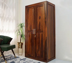 Organisateur de placard Nixon en bois massif, armoire à 2 portes (fini miel), armoire de chambre à coucher en bois avec 6 étagères de rangement - Product Image 1