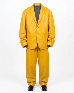Conjunto de traje de cuero amarillo para hombre, chaqueta holgada de un solo botón con pantalones a juego, ropa formal, estilo otoñal - Product Image 1