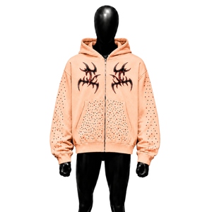 Sweat-shirt à capuche zippé en strass PEACH, motif tribal gothique, style Y2K streetwear, coupe oversize, clouté, punk grunge - Product Image 1