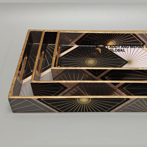 ชุดถาดเสิร์ฟลายเรขาคณิตสีดำและสีทอง 3 ชิ้น ทำจาก MDF และกระดาษ สำหรับตกแต่งบ้านและเสิร์ฟอาหาร - Product Image 2