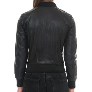Chaquetas de mujer negras lisas con logotipo personalizado, chaqueta vintage para invierno, ropa exterior de cuero, chaquetas bomber auténticas, ropa de calle. - Product Image 3