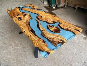 Mesa de Comedor de Estilo Europeo con Borde Natural de Madera de Burl, Superficie de Resina Turquesa, Acabado Moderno, Duradera, Hecha a Mano, para 6 Personas, Hotel, Supermercado - Product Image 1