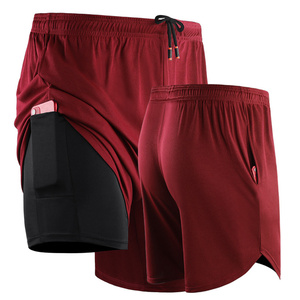 <b>Men's</b> <b>Red</b> Sporty <b>Shorts</b> with Mid Waist Drawstring Closure Side Pockets Polyester Material Quick Dry Compression Liner 2 1 Design - Product Image 1