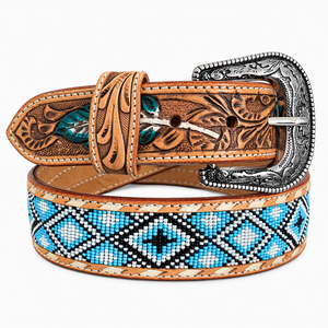 Cinturón de Cuero Artesanal Estilo Western con Cuentas y Hebilla Grabada |   Cinturón de Moda Estilo Vaquero para Hombre y Mujer - Product Image 1