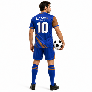 Ensemble d'uniformes de football personnalisés en gros – Maillot et short de football professionnels bleus et marron sublimés pour équipes de club et d'école - Product Image 4
