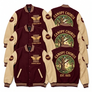 เสื้อแจ็คเก็ต Letterman แบบขายส่ง สีแดงเลือดหมู ผ้าขนสัตว์  แบบ Varsity  ปักลาย Canopy Chorus Summer Brood Cicada  แขนหนังสีครีม  แบบ Bomber - Product Image 1