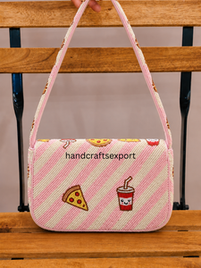 Sac à bandoulière à rabat perlé mignon pour femme, motif alimentaire de dessin animé, rose, à sangle unique, sac artisanal fait main pour usage quotidien - Product Image 2