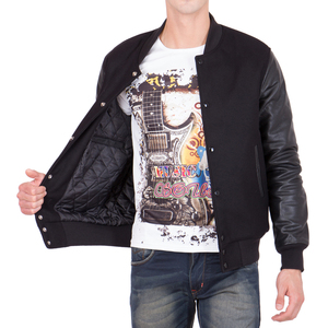 <b>Mens</b> All Black Varsity <b>Jacket</b> Black <b>Leather</b> Sleeves Letterman Bomber <b>Jacket</b> Casual Baseball Style Fashion Winter Warm Outerwear - Product Image 3