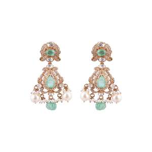 Gajaah 925 Silver Kundan <b>Necklace</b> And Earrings <b>Set</b> With Emerald And Pearl Green Gemstone For Women <b>Wedding</b> Party Wear - Product Image 2