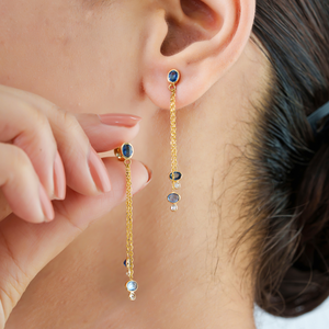 Boucles d'oreilles pendantes pour femme en or jaune pur 18 carats, saphir bleu et diamant, serties clos, légères, à double maillon, best-seller - Product Image 2