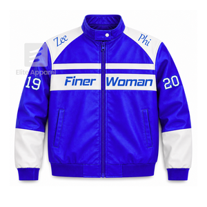 เสื้อแจ็คเก็ตหนัง Zeta Phi Beta Sorority สีน้ำเงินและสีขาว ปักโลโก้ สไตล์ลำลองสำหรับผู้หญิง บุด้วยโพลีเอสเตอร์ - Product Image 1