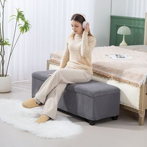 Reposapiés de Banco otomano de almacenamiento de pana gris de 47 pulgadas con patas para uso en el extremo de la cama o la sala de estar - Product Image 2