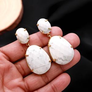 White Howlite Gemstone <b>Gold</b> Vermeil Fancy Shape <b>Dangle</b> <b>Earrings</b> Trendy Wedding Party Gift - Product Image 2