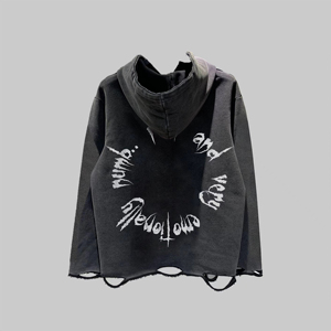 Sweat-shirt court à capuche Raven Gothic, coupe oversize, design découpé, imprimé par pulvérisation, en molleton bouclette pour homme, noir, style automne - Product Image 2