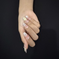 Faux ongles ovales à presser, rose nude, œil de chat, avec fleurs 3D, perles et strass, qualité salon, en gel, réutilisables, faits main