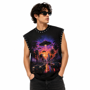 Camiseta sin mangas con cuello redondo y estampado de UFO City, ribete de diamantes de imitación, transpirable, estilo urbano, 100% algodón, corte holgado para hombre - Product Image 4