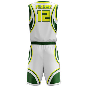 Ensemble de maillots de basket-ball unisexes personnalisés sans manches, col en V, blanc, vert, jaune, impression sublimée, respirant, coupe régulière, adulte, entièrement imprimé - Product Image 2