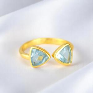 Bague personnalisée en argent sterling 925 avec topaze bleue et quartz, sertie de pierres précieuses plaquées or, réglable, bijoux faits à la main - Product Image 3