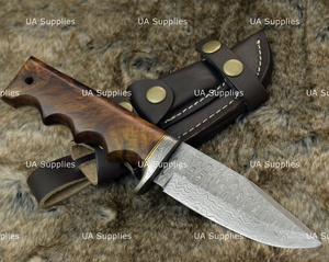 Couteau de camping à lame fixe en acier Damas de 9,5 pouces, manche en bois, pointe de lance, étui en cuir, personnalisable OEM, par UA Supplies - Product Image 5
