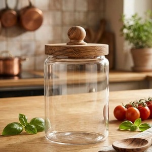 Set Of 3 Glass Containers With Wooden Lid Airtight Kitchen Storage <b>Jars</b> For Tea Coffee Sugar Stylish Counter Organizer - Product Image 6