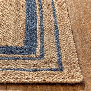 Coastal Style Jute Area Rug Rectangle Striped Pattern Flat Weave Non Slip Outdoor Use Natural Beige with Navy Border - Product Image 6