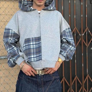 Sweat-shirt unisexe à capuche zippé en patchwork à carreaux, coupe classique, décontracté, pour l'automne, en molleton 100% coton, anti-rétrécissement, avec poches, gris - Product Image 3