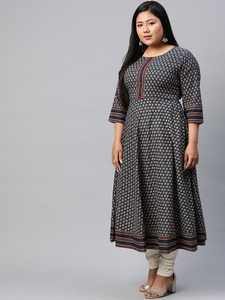 Kurta Anarkali en coton à imprimé floral bleu, taille plus, col rond, manches trois quarts, tenue d'été confortable pour femmes - Product Image 3