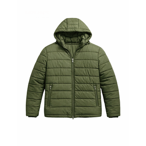 Chaqueta acolchada con capucha para hombre, color verde oliva, cálida para invierno, con cremallera, ligera, informal, para exteriores, con bolsillos con cremallera - Product Image 1