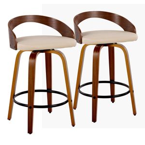 Sgabello da bancone Grotto da 26 pollici, stile Mid-Century Modern, altezza fissa, in legno di noce e similpelle crema, con sedia da pranzo girevole in metallo nero - Product Image 1
