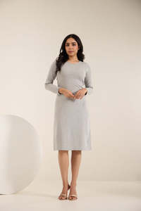 Robe longue en tricot gris à col en V, manches longues, moulante, décontractée, couleur unie, toutes saisons, respirante, 100% coton - Product Image 4