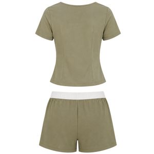 Olive Green Women Two Piece Shorts Set Square Neck Button Crop <b>Top</b> White Floral Embroidery Casual Summer Cotton Lounge Wear - Product Image 2