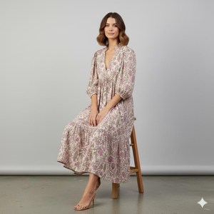Robe midi ample à imprimé floral lavande pour femme, col en V, manches bouffantes, décontractée, été, en coton tissé respirant - Product Image 1