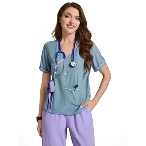 Unisex V-Neck Cotton Polyester <b>Scrub</b> <b>Top</b> Short Sleeve Woven Hospital Uniform Pocket Stethoscope Loop Needle Detection for - Product Image 1