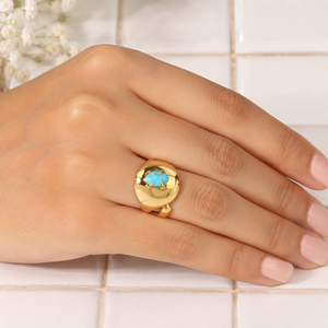 Natural Kingman Turquoise Gemstone Brass <b>Ring</b> Unique Trendy Punk Fashion Jewelry 18K Gold Plated Marquise Shape <b>Adjustable</b> <b>Ring</b> - Product Image 3