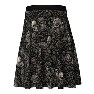 Gothic Skull and Rose <b>Print</b> Women's Skirt - Dark Alternative Flared A-Line <b>Mini</b> Skirt - Halloween Fashion - Product Image 4