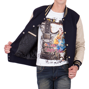 Veste bomber pour homme bleu marine et style universitaire avec manches en cuir, style baseball décontracté, manteau d'hiver chaud - Product Image 4
