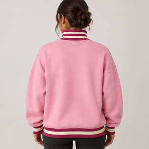 Women's Light <b>Pink</b> Mock Neck <b>Sweatshirt</b> with White Striped Trim Varsity Letters Long Sleeve Custom Logo - Product Image 2