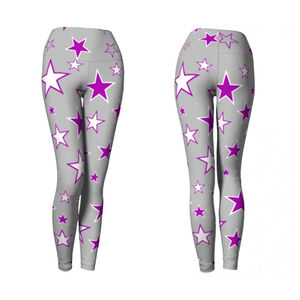 Leggings de yoga taille haute pleine longueur avec imprimé étoiles violettes, en Spandex et Polyester, extensibles dans les quatre sens, avec taille élastique - Product Image 1