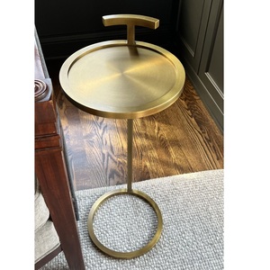 Artisian Modern Brass Circular Tray Side <b>Table</b> with Handle Portable Round End <b>C</b> Shaped <b>Table</b> for Living Room - Product Image 1